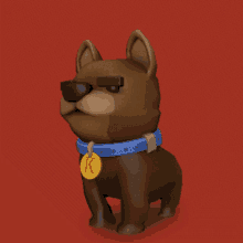 a cartoon dog wearing a blue collar and a yellow tag that says k