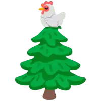 a white chicken is sitting on top of a green christmas tree