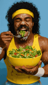 a man eating a salad with lunch time written on the bottom right
