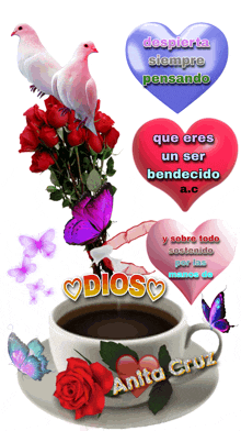 a cup of coffee surrounded by flowers and butterflies with a heart that says dios on it