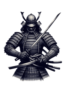 a samurai in armor holds two swords in his hands