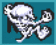 a pixel art drawing of a skeleton with a skull on it 's head .