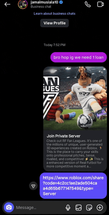 a screenshot of a business chat with a picture of a soccer player on the screen
