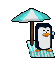 a pixel art of a penguin under an umbrella holding an ice cream cone