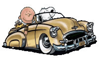 a cartoon drawing of charlie brown and snoopy in a car