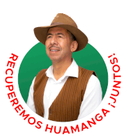 a man wearing a hat and vest is surrounded by the words " recuperamos huamanga juntos "