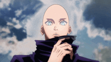 a bald anime character with blue eyes is wearing a scarf around his neck