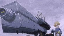 a cartoon character is standing next to a large machine with a purple sky in the background