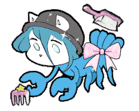 a drawing of a blue octopus with a comb and a brush