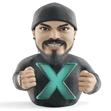 a man with a beard is holding a green letter x in his hands