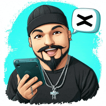 a cartoon of a man holding a cell phone with an x in a speech bubble above him