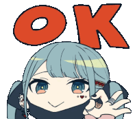 a drawing of a girl with blue hair giving the ok sign