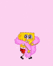 a cartoon of spongebob wearing a pink fur coat and a pink background .