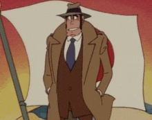 a cartoon man in a suit and hat is standing in front of a flag