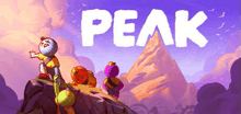 a cartoon of a group of people standing on top of a mountain with the word peak above them .