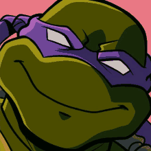 a close up of a teenage mutant ninja turtle with a purple mask on