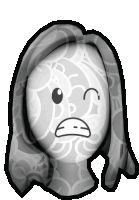 a black and white drawing of a ghost with long hair and a sad face