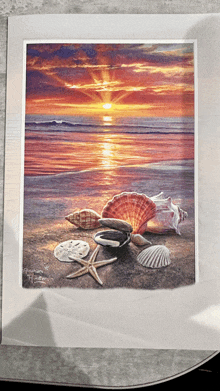 a painting of seashells and starfish on the beach