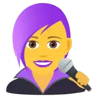 a woman with purple hair is holding a microphone in her hand