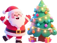 santa claus is standing next to a christmas tree with gifts underneath it