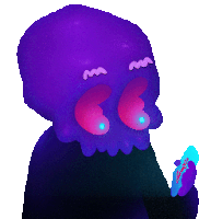 a cartoon drawing of a purple skull holding a phone