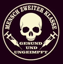 a sticker with a skull and syringes that says " mensch zweiter klasse "