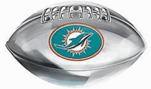 a silver football with a dolphin logo on it on a white background .