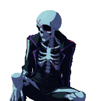 a skeleton wearing a black jacket and a purple collar