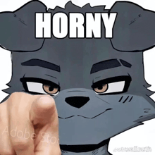 a cartoon wolf is pointing at the camera with the word horny written on it