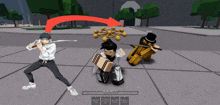 a screenshot of a video game shows a man holding a sword and a man in a top hat