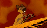 a cartoon cat is playing a piano and singing into a microphone