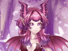 a drawing of a girl with purple hair and purple horns