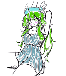 a drawing of a girl with green hair wearing a blue and green dress