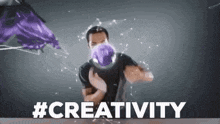 a man wearing a mask is holding a purple ball and the words # creativity are behind him .