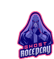 a logo for ghost roleplay has a ghost pointing a gun