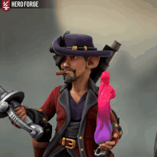 a cartoon character is holding a sword and a pink balloon with the word heroforge behind him