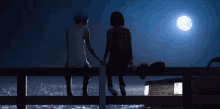 two women are sitting on a fence holding hands and looking at the moon