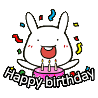 a cartoon of a rabbit holding a birthday cake with the words happy birthday written below it