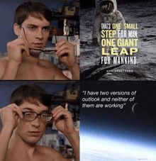 a shirtless man adjusts his glasses next to a quote from neil armstrong