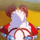 a woman in a red dress and white apron is sitting on a yellow field .