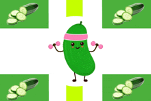 a cartoon illustration of a cucumber with dumbbells on its hands