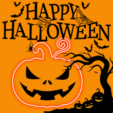 a happy halloween sign with a pumpkin and bats on an orange background