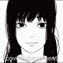 a black and white drawing of a girl with the words covetbybasement written below it