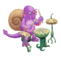 a purple octopus is playing drums with a snail on his back