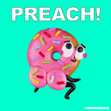 a pink donut with sprinkles on it and the words preach written above it