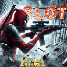 a poster for museum bola shows deadpool holding a rifle