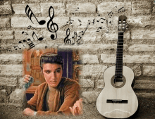 a painting of elvis presley with a guitar in front of a brick wall