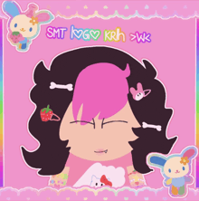 a drawing of a girl with pink hair and the words smt kg krh > wk on the bottom
