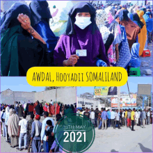 a poster for awdal hooyadii somaliland shows a woman holding a card