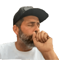 a man with a beard is wearing a hat and covering his mouth with his hand